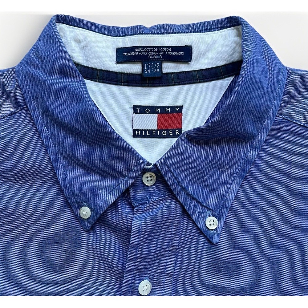 Tommy Hilfiger Button Shirt Men 17.5 34-35 Blue Cotton Oxford Crest Vintage - Picture 3 of 11